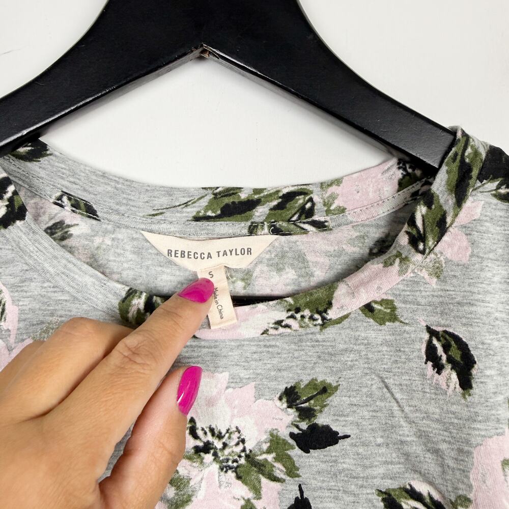 Rebecca Taylor Floral Flutter Sleeve Tee Shirt Gray Pink - S - Picture 3 of 8